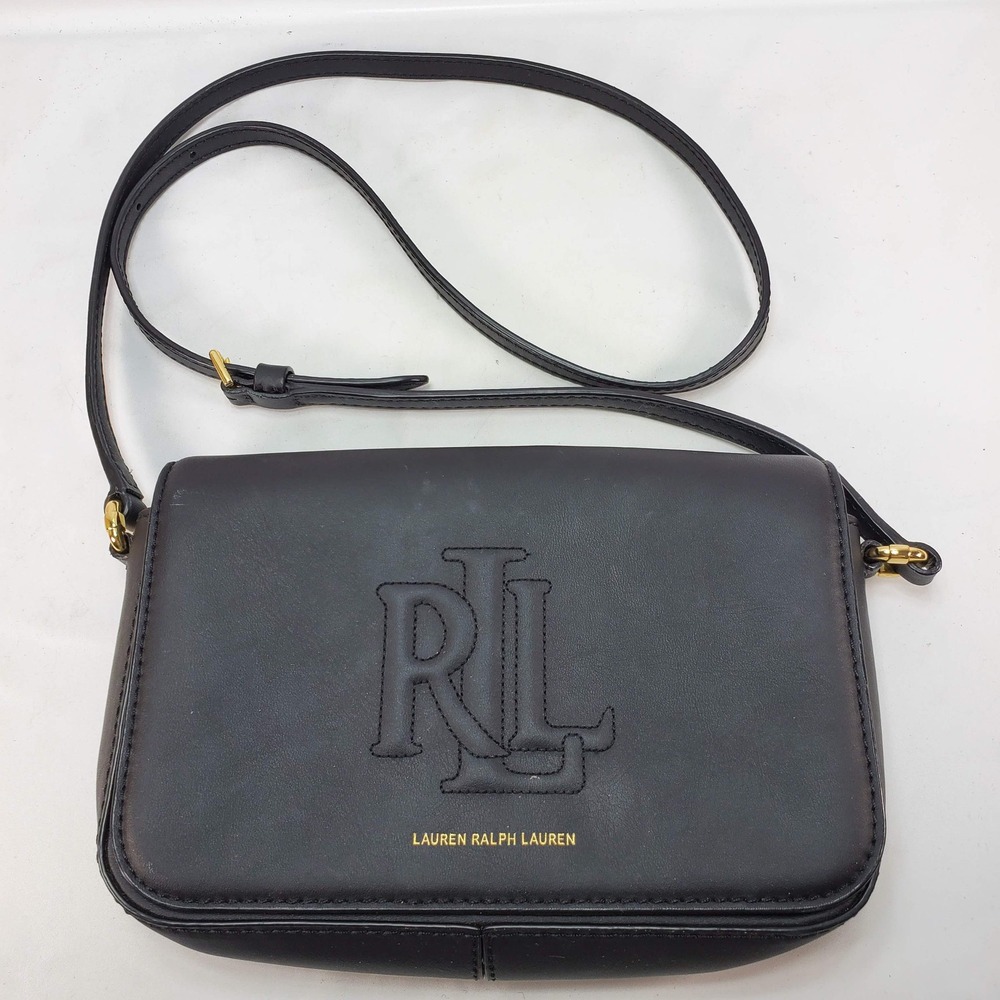 Lauren Ralph Lauren Crossbody Bag Black Leather Embossed RLL Logo Gold Hardware